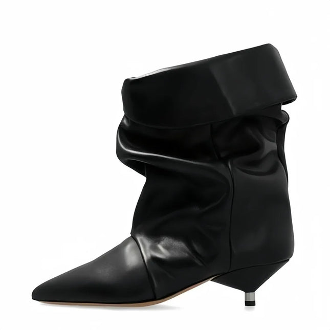 Arden Furtado 2025 Spring leopard print Large tubular boots Pointed toe Slip-on Pleated Middle heel Modern boots Short boots