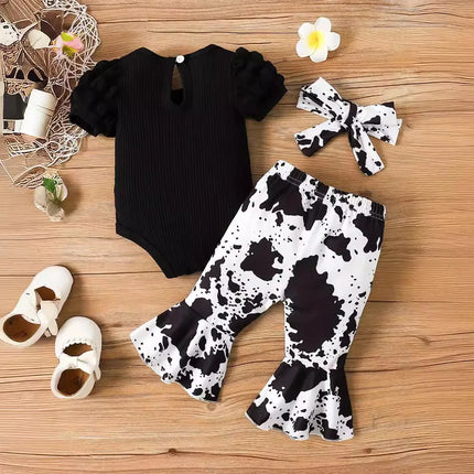 Newborn baby girl summer bubble sleeve bag buttocks triangle sweater full print+flared pants