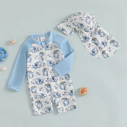 Toddler Baby Boys Swimsuit with Swim Cap Infant Rash Guard Summer Dinosaur/Shark Print Long Sleeve Zip Bathing Suit Beachwear