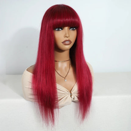 Sleek Burgury Red Staright Wigs With Bangs Human Hair Wig Easy to Go Color Wig Peruvian Straight Human Hair Wigs with Bangs