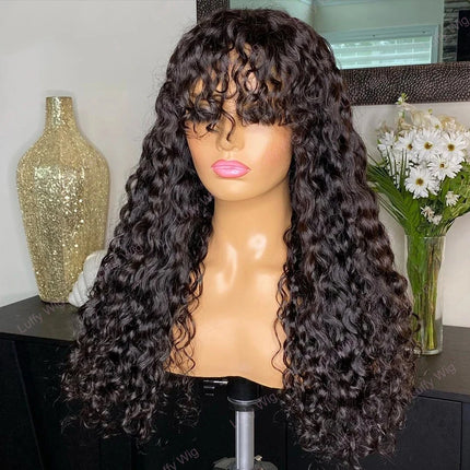 30 inch Water Wave Human Hair Wigs With Bangs Glueless Fringe Wig Kinky Curly Bob Wig with Bangs Full Machine Made Wig 180%