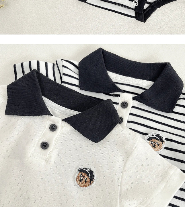 Summer Baby White Striped Bodysuits for Newborns Boys Girls Romper Onesie Cotton Short Sleeve Turn Down Collar Infant Jumpsuit