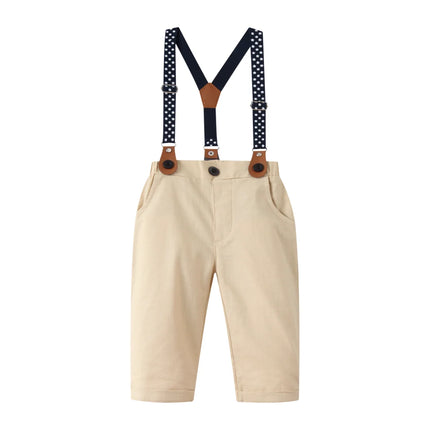 Gentleman Spring Autumn Outfit for Newborn Boy Cotton Baby First Formal Birthday Clothes Solid Pant with Strap Toddler Party Set