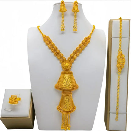 France Ethiopian Gold Color Jewelry Set For Women Dubai Necklace Bracelet Earrings Ring Set African Wedding Choker Wholesale