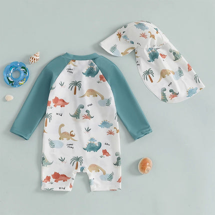Toddler Baby Boys Swimsuit with Swim Cap Infant Rash Guard Summer Dinosaur/Shark Print Long Sleeve Zip Bathing Suit Beachwear