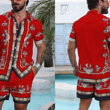 Baroque Luxury Printed Men's Shirt Shorts 2 Piece Set Summer Casual Shirt Hawaiian Beach Short-sleeved Men's Suits Clothing