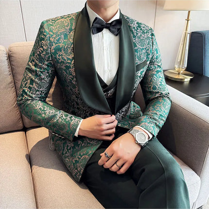 New (Blazer+vest+pants) for Men. Fashion. Casual. British Style. Singer Performance. High Density Jacquard Wedding Dress. Suit