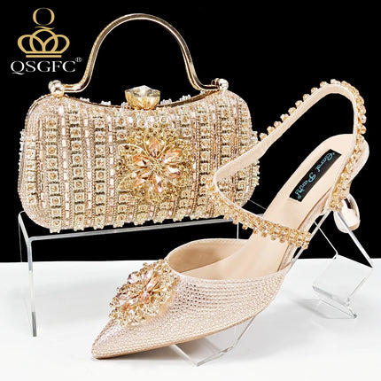 African Special Banquet Elegant Style Silver Color Party Wedding Pointed Toe  Heel Women Shoes and Bag Set With Rhinestone