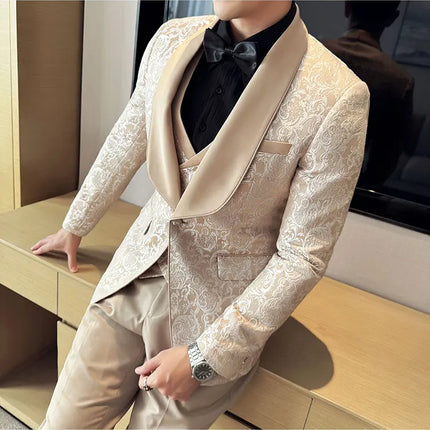 New (Blazer+vest+pants) for Men. Fashion. Casual. British Style. Singer Performance. High Density Jacquard Wedding Dress. Suit