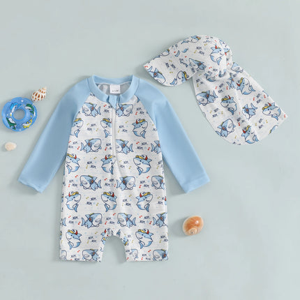 Toddler Baby Boys Swimsuit with Swim Cap Infant Rash Guard Summer Dinosaur/Shark Print Long Sleeve Zip Bathing Suit Beachwear