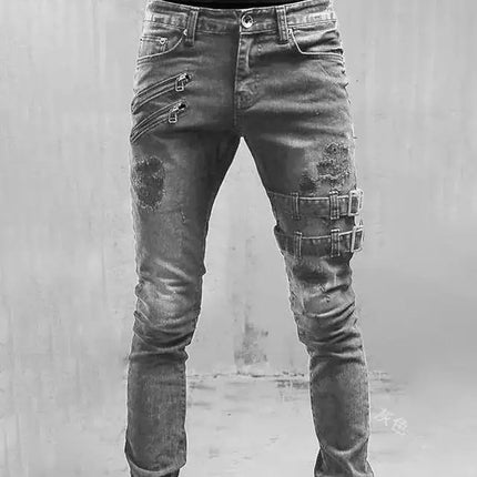 Men Jeans Denim Pencil Pants Mid Waist Moto Biker Washing Pockets Slim Slight Strech Sheath Ankle Length Zipper Fly 2024