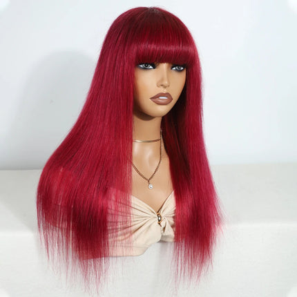 Sleek Burgury Red Staright Wigs With Bangs Human Hair Wig Easy to Go Color Wig Peruvian Straight Human Hair Wigs with Bangs