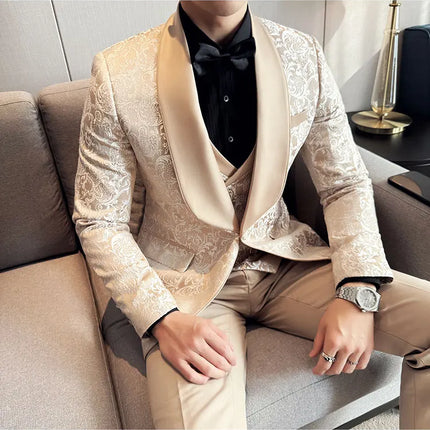 New (Blazer+vest+pants) for Men. Fashion. Casual. British Style. Singer Performance. High Density Jacquard Wedding Dress. Suit