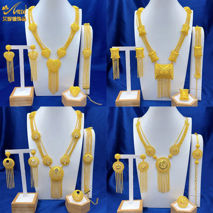 ANIID Dubai 24K Gold Color Long Jewelry Sets Wedding African Necklace Earrings For Women Nigerian Indian Bridal Set Party Gifts