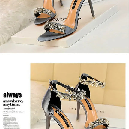 Soft Silk Open Toe Women Sandals 2024 Summer Luxury Crystal Ankle Buckle High Heels Shoes Bride Party Lady Green Red Black Pumps