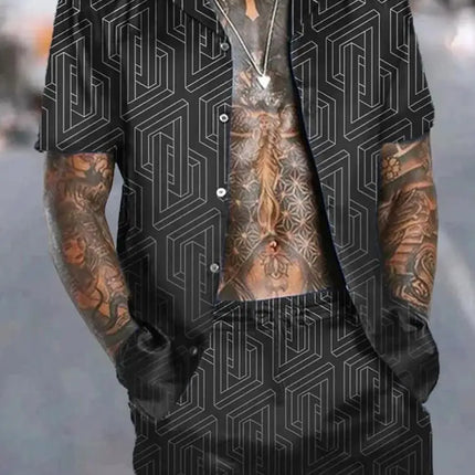 Hawaiian Vacation men's Fashion set, 3D flip-top Printed short-sleeved shirt, Casual Beach Capre Set