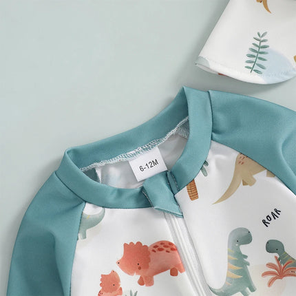 Toddler Baby Boys Swimsuit with Swim Cap Infant Rash Guard Summer Dinosaur/Shark Print Long Sleeve Zip Bathing Suit Beachwear