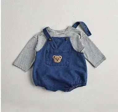 2024 Summer Cool Toddler Baby Clothing Set for Newborn Girls Striped T-shirt and Denim Bodysuits Overalls 2Pcs Boys Suits