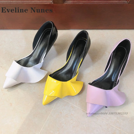 Ruffles Patent Leather Women Sandals Pointed Toe Stiletto Cover Heel Side Air High Heels Mixed Colors Slip On Shallow Shoes Sexy