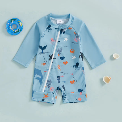 Toddler Baby Boy Rash Guard Summer Infant Swimsuit Long Sleeve Ocean Animal Print Swimwear Children Zip Up Bathing Suit Swimwear