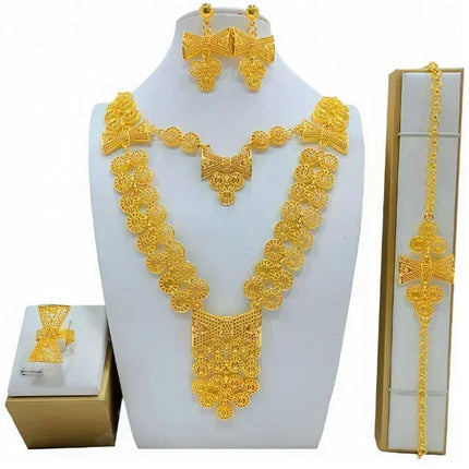 France Ethiopian Gold Color Jewelry Set For Women Dubai Necklace Bracelet Earrings Ring Set African Wedding Choker Wholesale