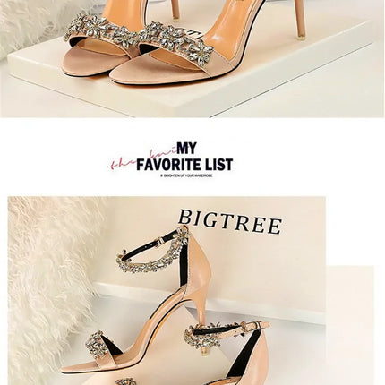 Soft Silk Open Toe Women Sandals 2024 Summer Luxury Crystal Ankle Buckle High Heels Shoes Bride Party Lady Green Red Black Pumps