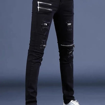 2024 Spring and Autumn Fashion Black Ripped Stretch Jeans Men's Casual Slim Breathable High-Quality Straight Leg Pants 28-36