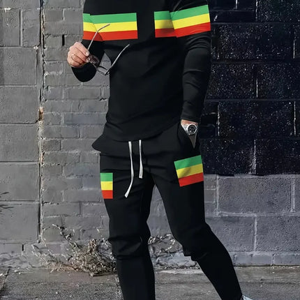 Spring And Fall Men's Long Sleeve Pant 2pcs Sets Red And Blue Striped 3D Print Man Set Everyday Fashion Men Long Sleeved T-shirt