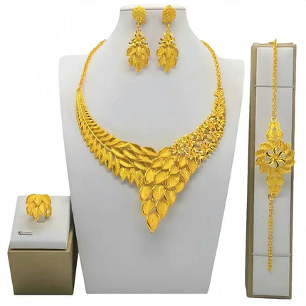 France Ethiopian Gold Color Jewelry Set For Women Dubai Necklace Bracelet Earrings Ring Set African Wedding Choker Wholesale