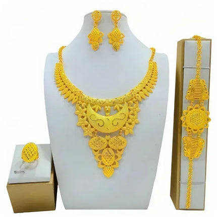 France Ethiopian Gold Color Jewelry Set For Women Dubai Necklace Bracelet Earrings Ring Set African Wedding Choker Wholesale
