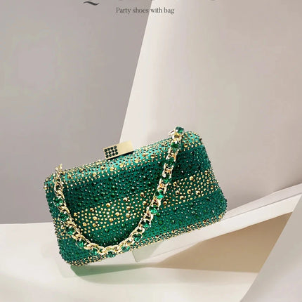QSGFC Nigerian Women Heel Party Ladies Italian Design Green Shoes And Bag Set Decorated with Rhinestone Handbag Wedding Party