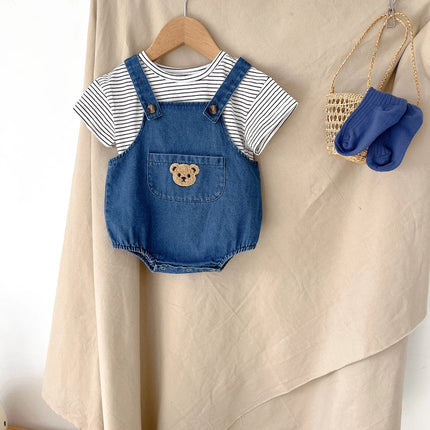 2024 Summer Cool Toddler Baby Clothing Set for Newborn Girls Striped T-shirt and Denim Bodysuits Overalls 2Pcs Boys Suits