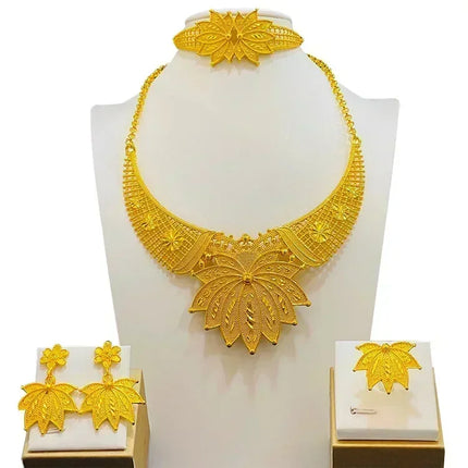 France Ethiopian Gold Color Jewelry Set For Women Dubai Necklace Bracelet Earrings Ring Set African Wedding Choker Wholesale