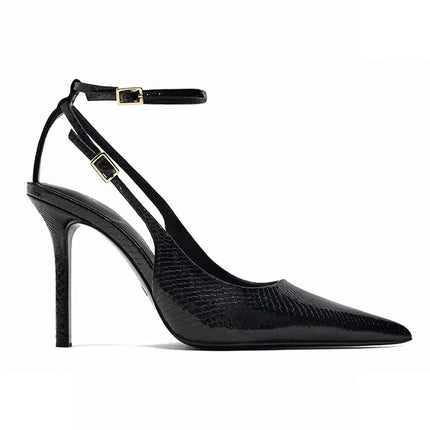 2025 Summer New Sexy Pointed Toe Pumps Black Leather 8cm Thin High Heeled Sandals Snake Pattern Stiletto Mules for Women