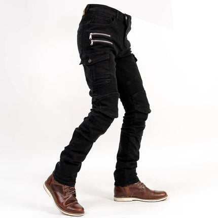 Motorcycle Riding Jeans Men Multi-Pockets Riding Pants with Knee Pads Casual Denim Trousers Solid Fashion Cargo Pant Biker New