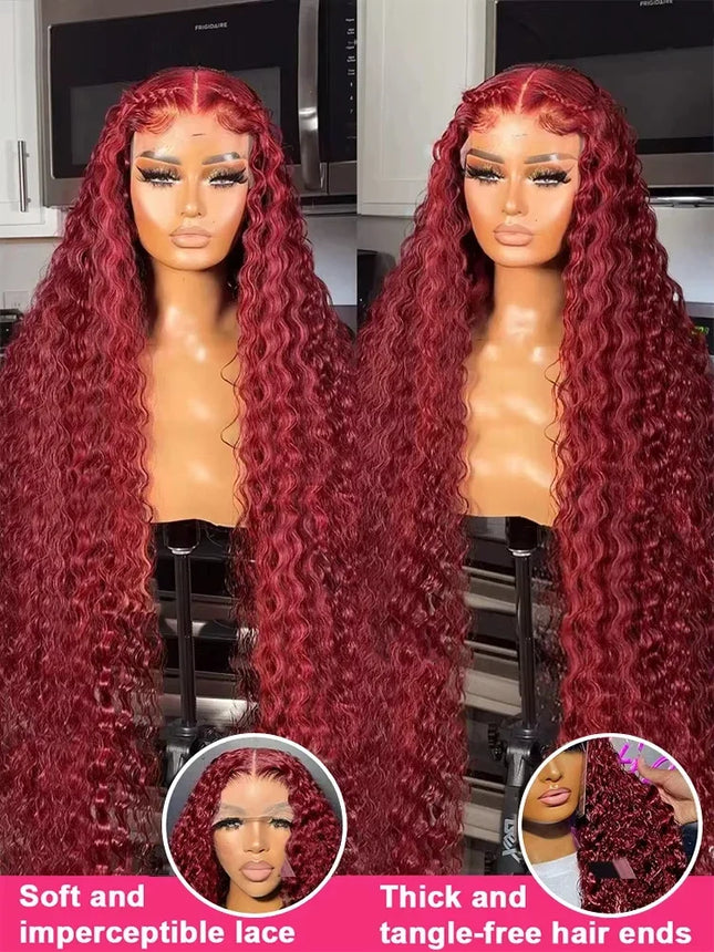 Deep Wave 99J Burgundy 13x6 Transprent Lace Frontal Wig Human Hair 13x4 Curly 30 40 Inch HD Lace Front Wigs Red Wine Water Wave