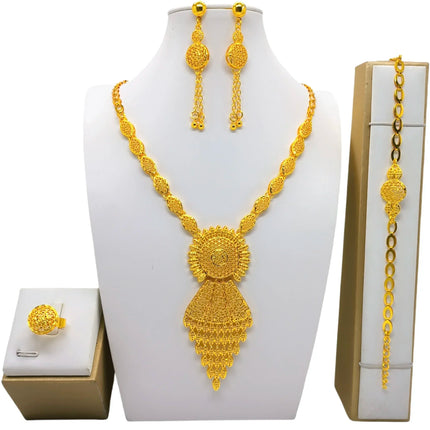 France Ethiopian Gold Color Jewelry Set For Women Dubai Necklace Bracelet Earrings Ring Set African Wedding Choker Wholesale
