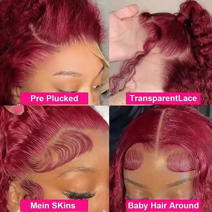 Deep Wave 99J Burgundy 13x6 Transprent Lace Frontal Wig Human Hair 13x4 Curly 30 40 Inch HD Lace Front Wigs Red Wine Water Wave
