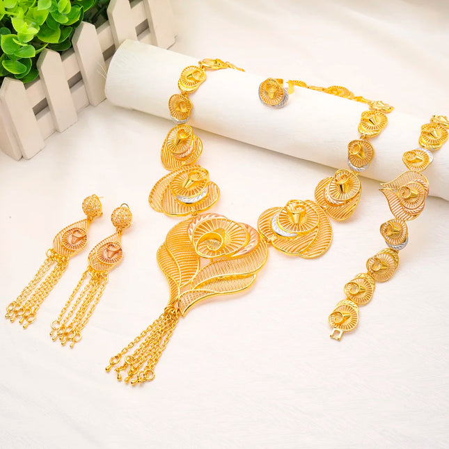 Liffly 24K Alloy Dubai Jewelry Sets for Women Gold Color Necklace Earrings Bracelet African Bridal Wedding Jewellery Wholesale