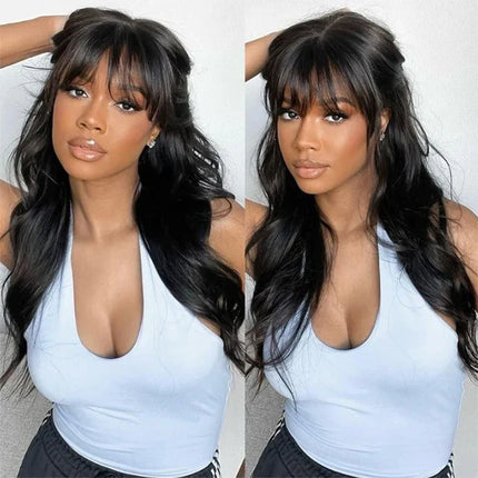 100% Human Hair Wigs With Bangs Body Wave Wig With Bangs Fringe Wigs Full Machine Made Wig 12A Brazilian Natural Remy Human Hair