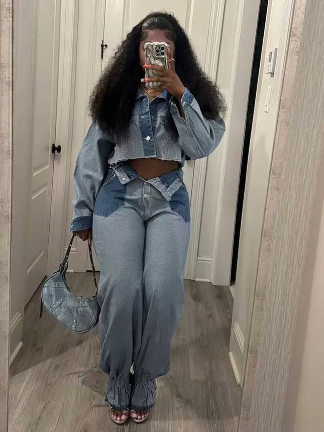2 Piece Matching Set Spring Streetwear Button Top and Jeans Female Sexy Denim Pant Suits for Ladies wholesale Dropshipping