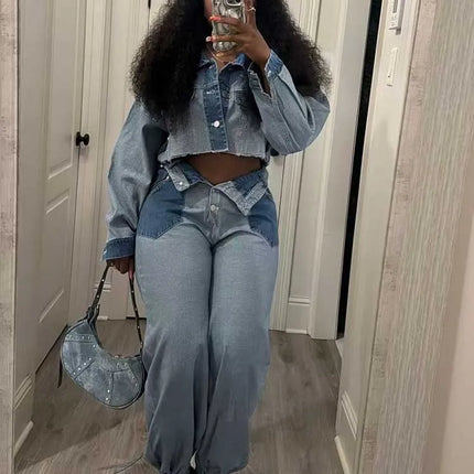 2 Piece Matching Set Spring Streetwear Button Top and Jeans Female Sexy Denim Pant Suits for Ladies wholesale Dropshipping