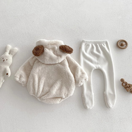 Baby Hooded Romper Bear Ears Cute Plush Baby Clothes Winter 0-2 Years Old Korean version Baby Clothes Baby Romper
