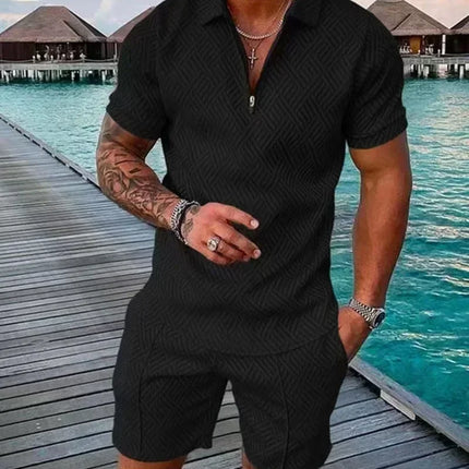 New 2025 Men's Polo Suit Fashion Men Sets Solid Summer V-neck Zipper Short Sleeve POLO Shirt+Shorts Two Pieces Men Casual Suit