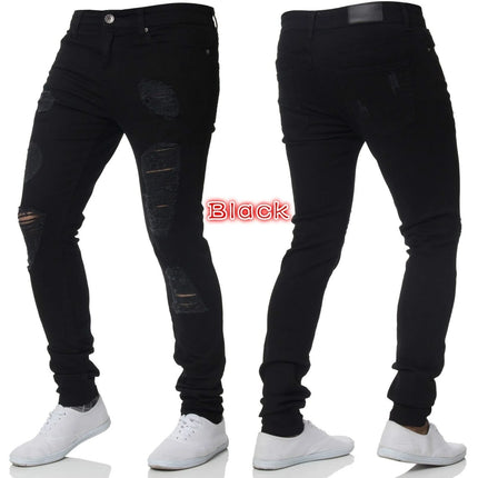 Men Jeans Pencil Pants Denim High Waist Slim Fit Sheath Solid Color Holes Slight Strech 2025 Spring Ankle Length Streetwear