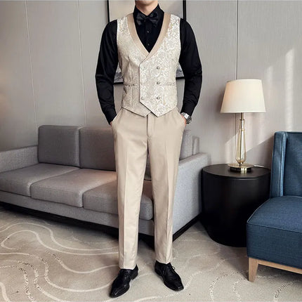New (Blazer+vest+pants) for Men. Fashion. Casual. British Style. Singer Performance. High Density Jacquard Wedding Dress. Suit
