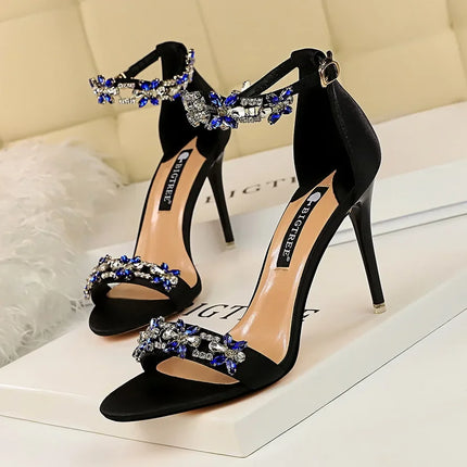 Soft Silk Open Toe Women Sandals 2024 Summer Luxury Crystal Ankle Buckle High Heels Shoes Bride Party Lady Green Red Black Pumps