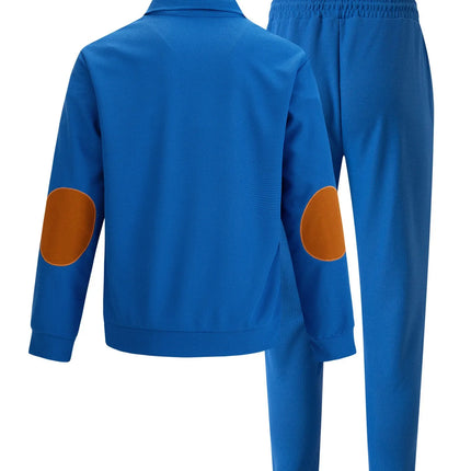 Men's new autumn style American stand-up collar button elbow patch color-block long-sleeve hoodie and pants set