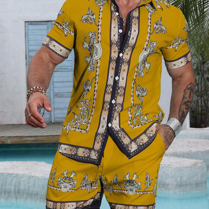 Baroque Luxury Printed Men's Shirt Shorts 2 Piece Set Summer Casual Shirt Hawaiian Beach Short-sleeved Men's Suits Clothing