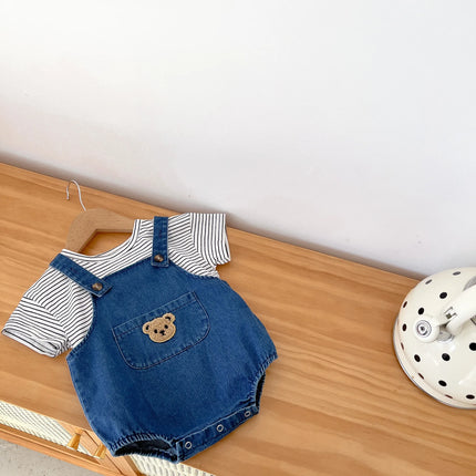2024 Summer Cool Toddler Baby Clothing Set for Newborn Girls Striped T-shirt and Denim Bodysuits Overalls 2Pcs Boys Suits